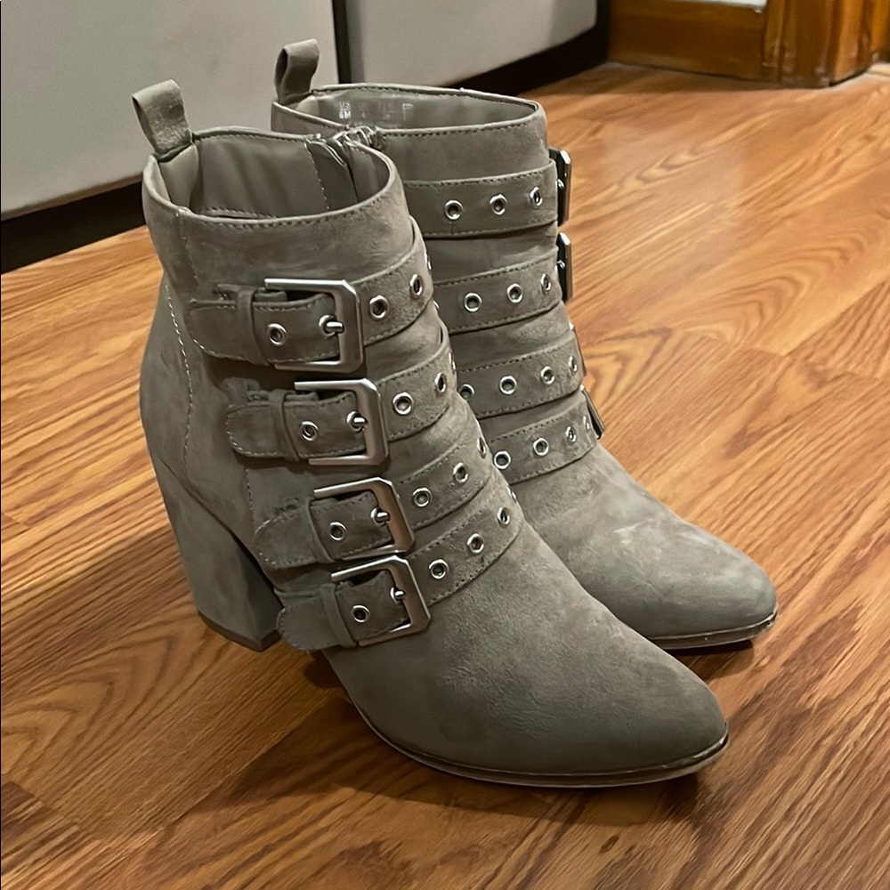 Gray Suede Ankle Boots with Buckle Detail